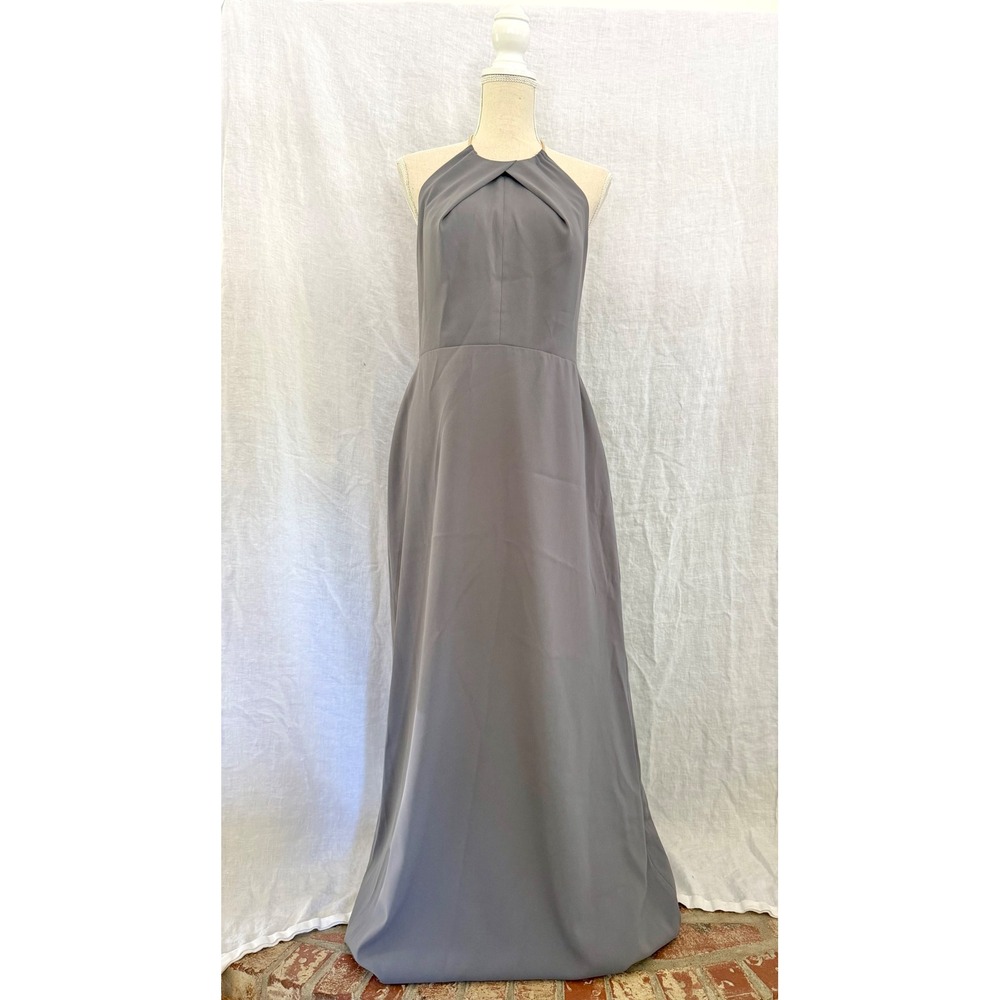 Lela Rose Bridesmaid Gown Womens Gray Halter Gold Chain Pleated Maxi Dress 10